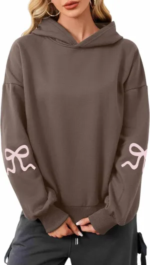 Women Oversized Fleece Bow Trim Print Hoodies Casual Long Sleeve Graphic Hooded Sweatshirt Trendy Fall Pullover Tops