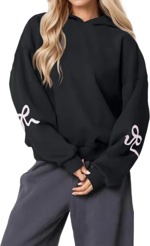 Women Oversized Fleece Bow Trim Print Hoodies Casual Long Sleeve Graphic Hooded Sweatshirt Trendy Fall Pullover Tops