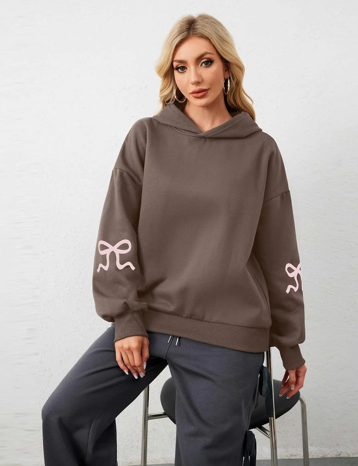 Women Oversized Fleece Bow Trim Print Hoodies Casual Long Sleeve Graphic Hooded Sweatshirt Trendy Fall Pullover Tops