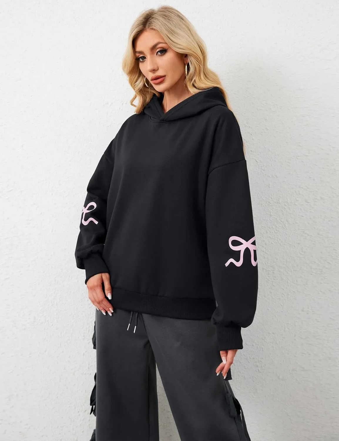 Women Oversized Fleece Bow Trim Print Hoodies Casual Long Sleeve Graphic Hooded Sweatshirt Trendy Fall Pullover Tops