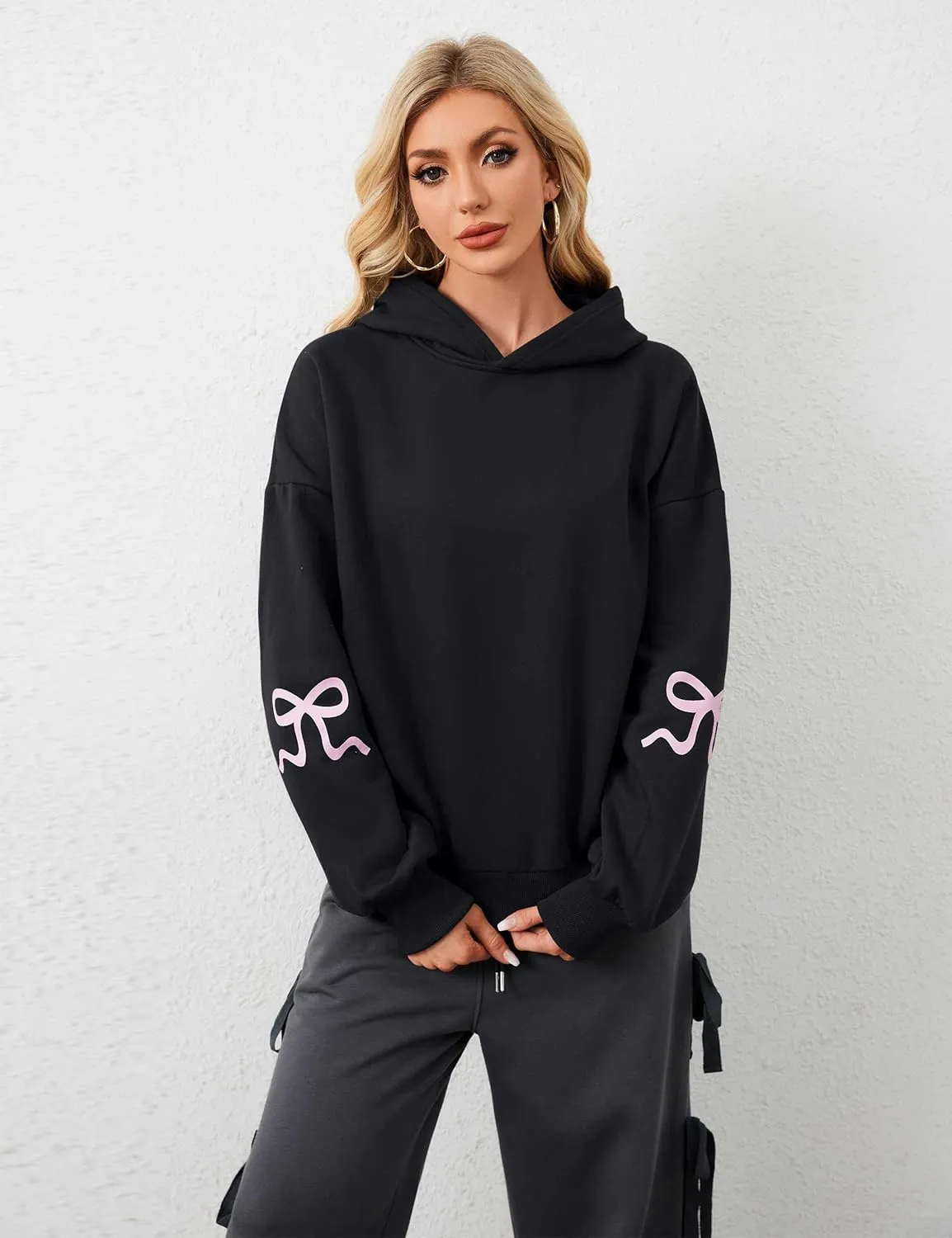 Women Oversized Fleece Bow Trim Print Hoodies Casual Long Sleeve Graphic Hooded Sweatshirt Trendy Fall Pullover Tops