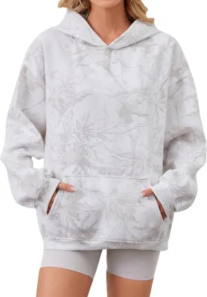 Women Oversized Fleece Camo Hoodies Maple Leaf Hooded Sweatshirt Casual Long Sleeve Fall Pullover Tops With Pockets