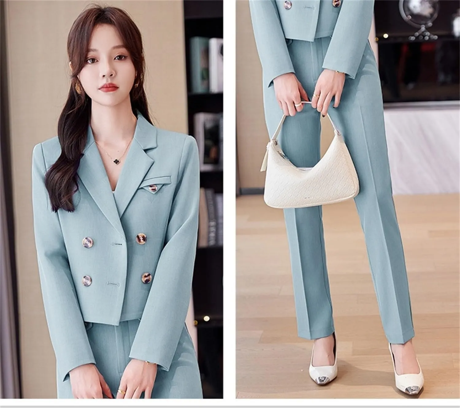 Women Pants Suit Set Double Breasted 2 Piece Blazer Set Work Casual Jacket Outfits for Business