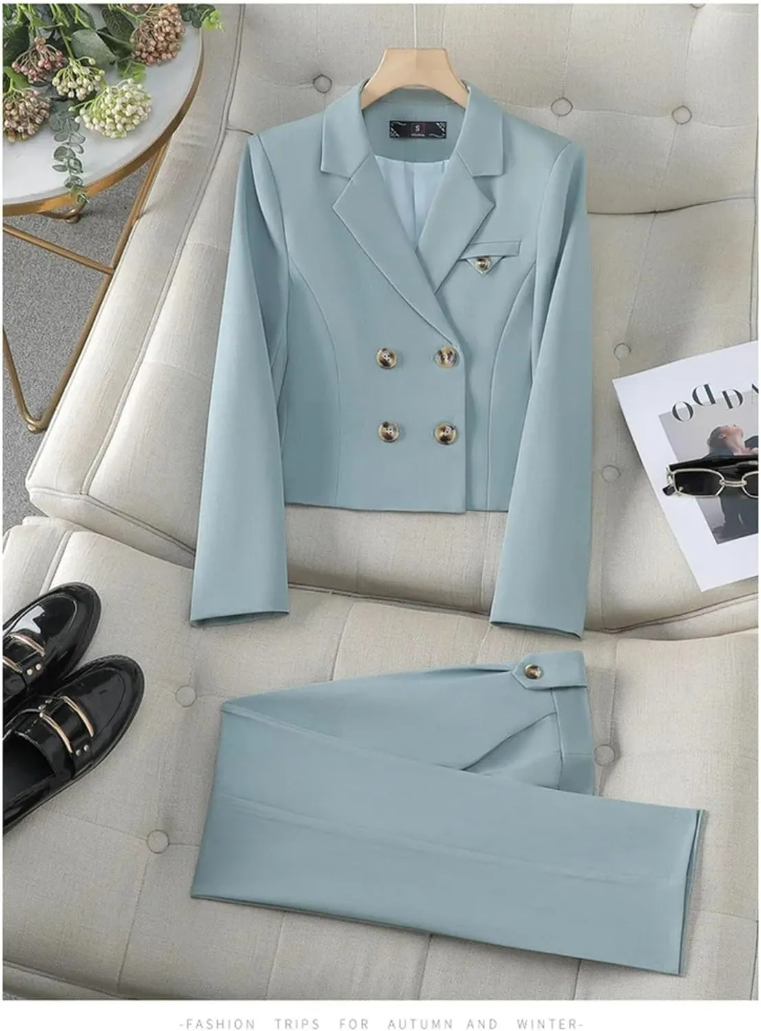 Women Pants Suit Set Double Breasted 2 Piece Blazer Set Work Casual Jacket Outfits for Business
