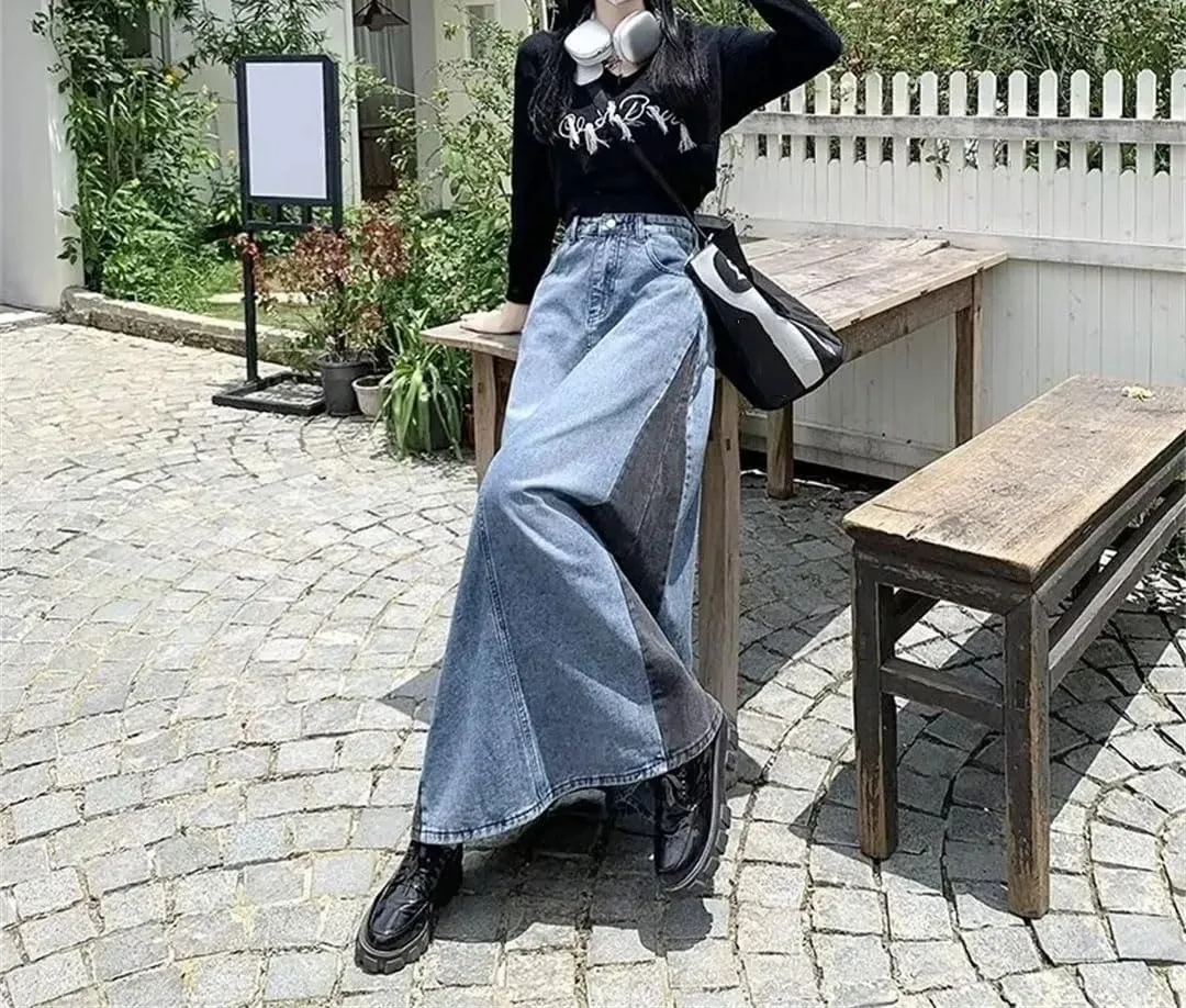 Women Slimming Color Blocking Denim Long Dress High Waisted Vintage Denim Long Skirt