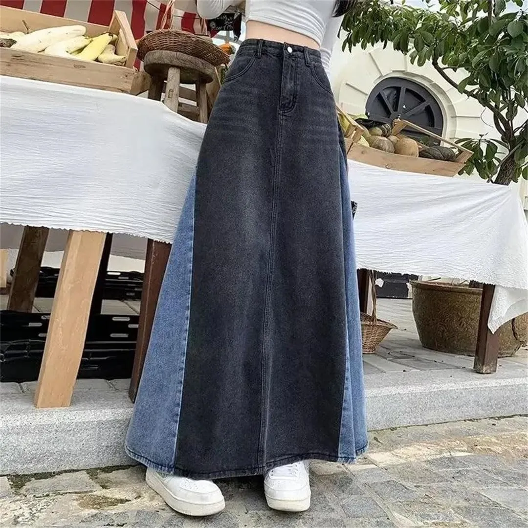 Women Slimming Color Blocking Denim Long Dress High Waisted Vintage Denim Long Skirt