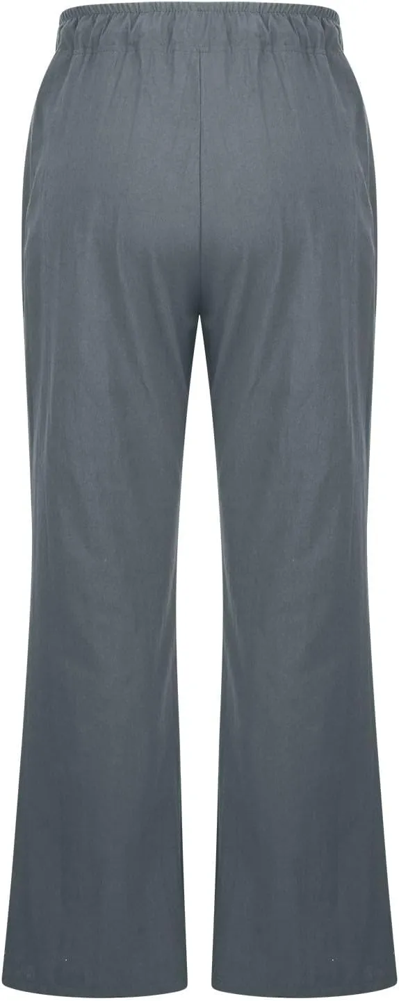 Women Summer High Waist Baggy Pants Loose Fit Cotton Linen Home Pants Casual Solid Elastic Waist Bell Bottom Trouser