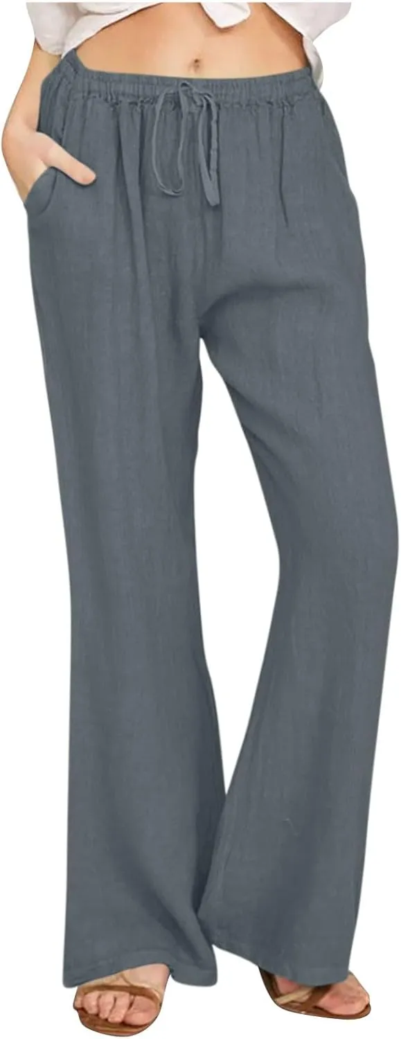 Women Summer High Waist Baggy Pants Loose Fit Cotton Linen Home Pants Casual Solid Elastic Waist Bell Bottom Trouser
