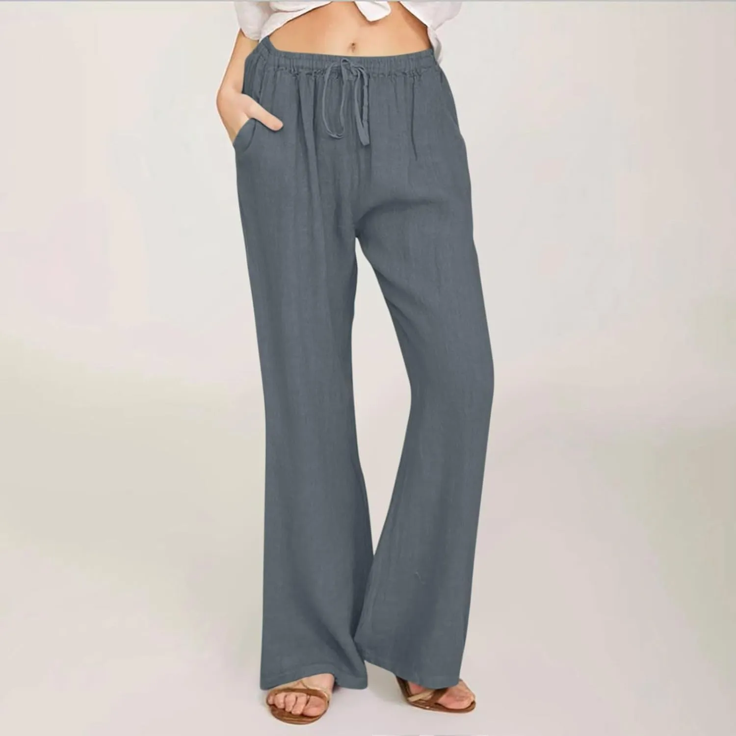 Women Summer High Waist Baggy Pants Loose Fit Cotton Linen Home Pants Casual Solid Elastic Waist Bell Bottom Trouser