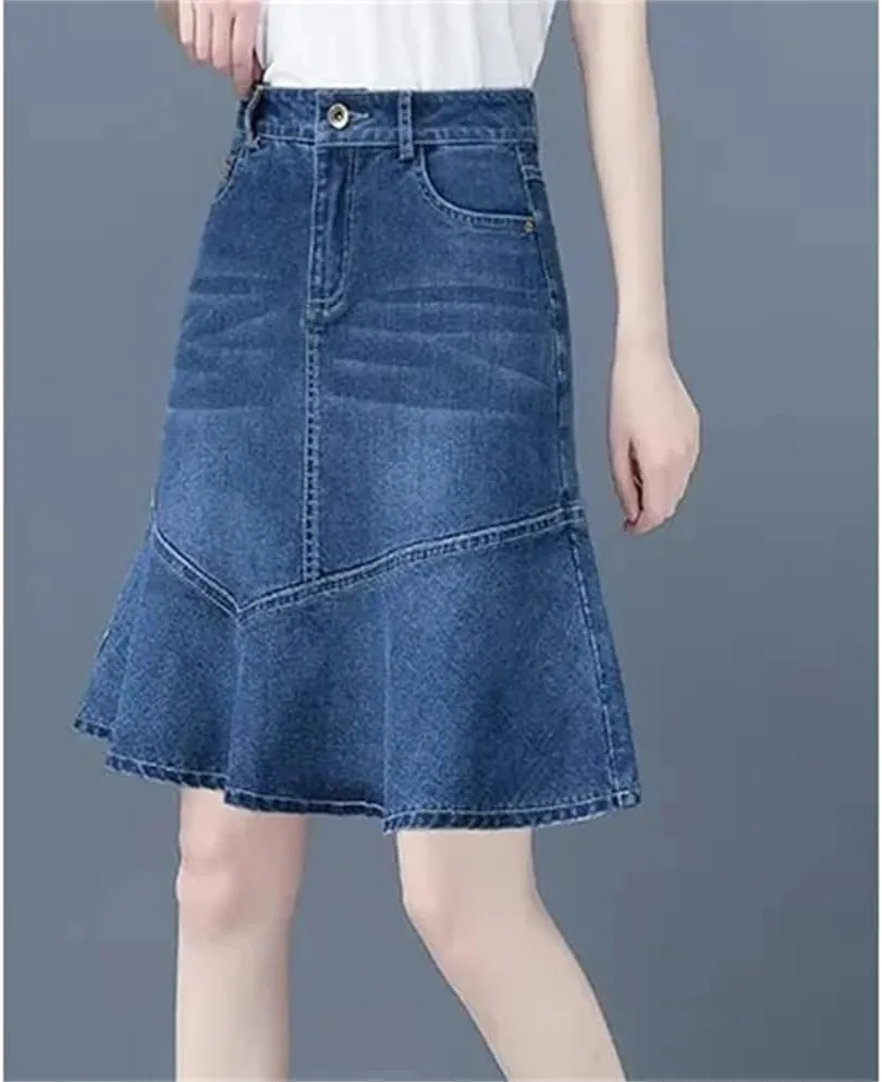 Women Summer High-Waisted Ruffle A-Line Jeans Skirt Ladies Package HIPS Fishtail Mini Skirts