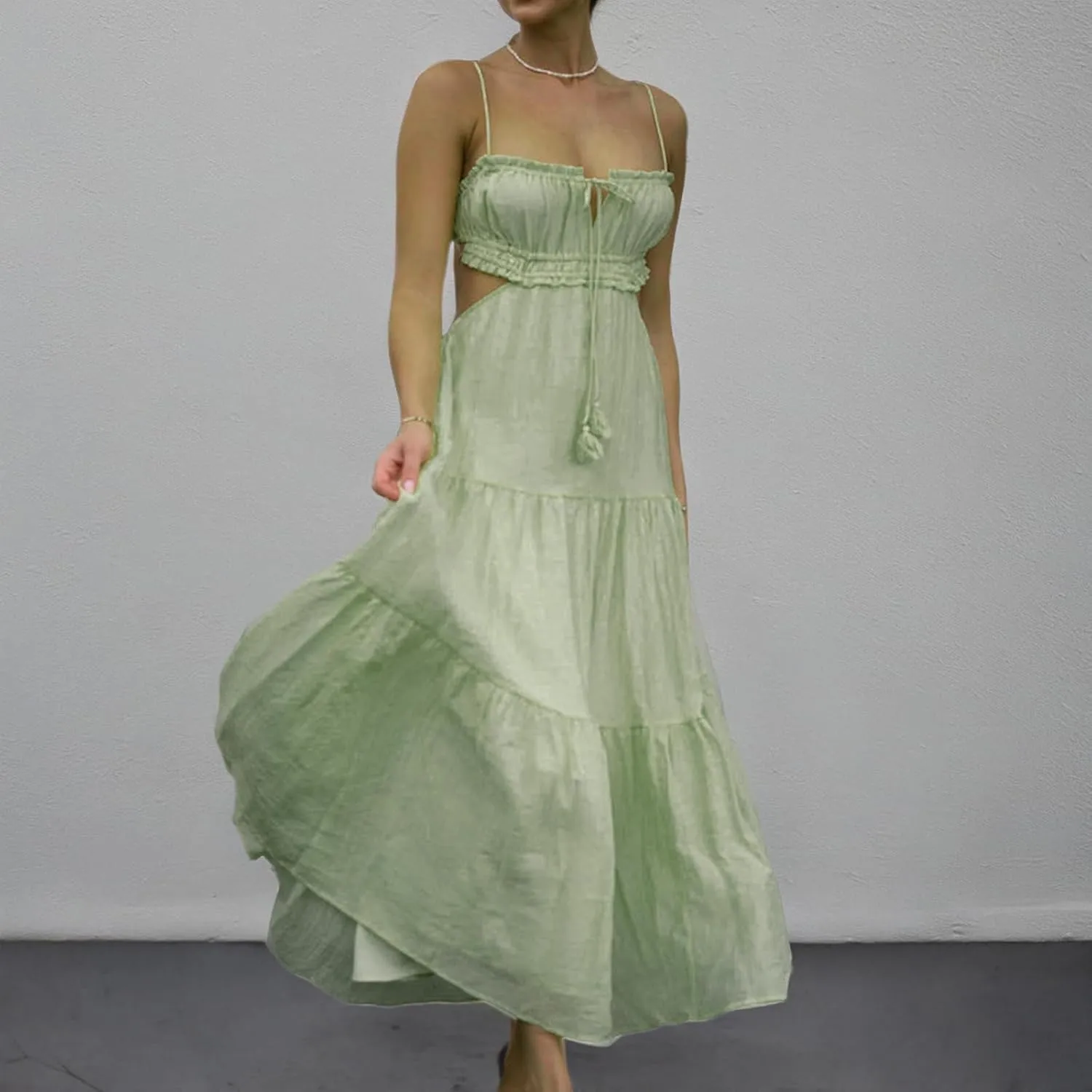 Women Y2k Bodycon Long Maxi Dress Spaghetti Strap Cutout Backless Clubwear