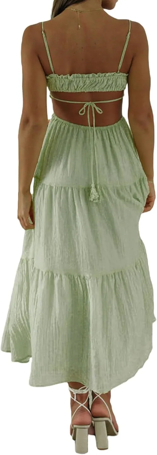 Women Y2k Bodycon Long Maxi Dress Spaghetti Strap Cutout Backless Clubwear