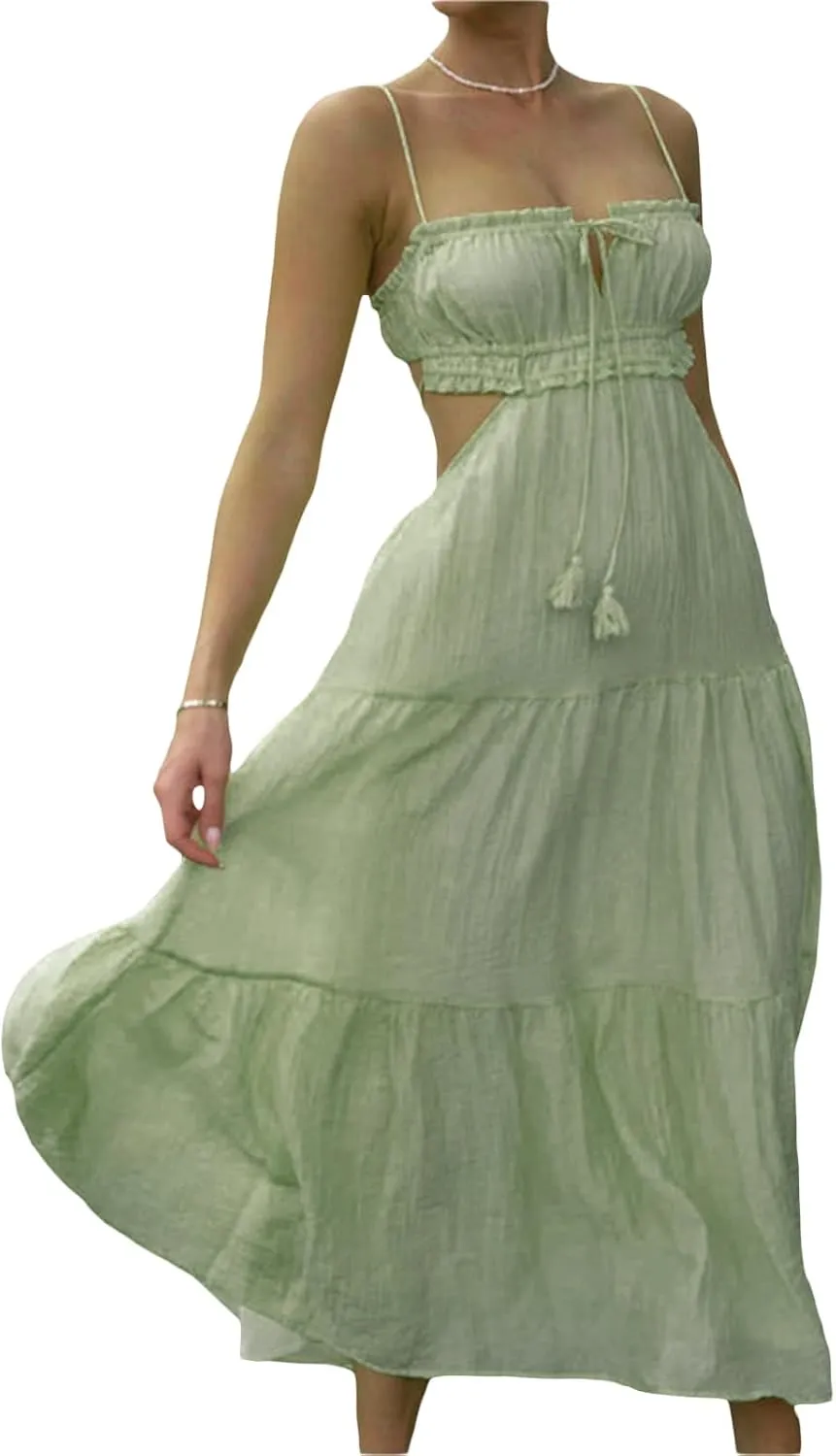 Women Y2k Bodycon Long Maxi Dress Spaghetti Strap Cutout Backless Clubwear