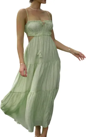 Women Y2k Bodycon Long Maxi Dress Spaghetti Strap Cutout Backless Clubwear