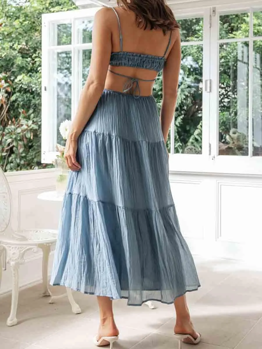 Women Y2k Bodycon Long Maxi Dress Spaghetti Strap Cutout Backless Clubwear