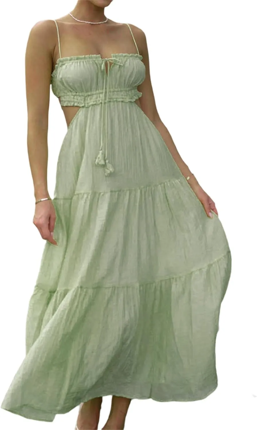 Women Y2k Bodycon Long Maxi Dress Spaghetti Strap Cutout Backless Clubwear