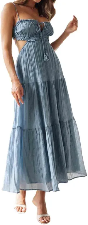 Women Y2k Bodycon Long Maxi Dress Spaghetti Strap Cutout Backless Clubwear