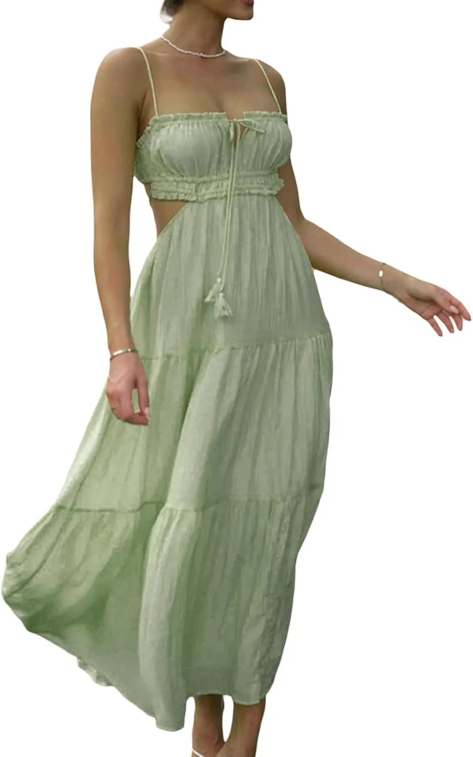 Women Y2k Bodycon Long Maxi Dress Spaghetti Strap Cutout Backless Clubwear
