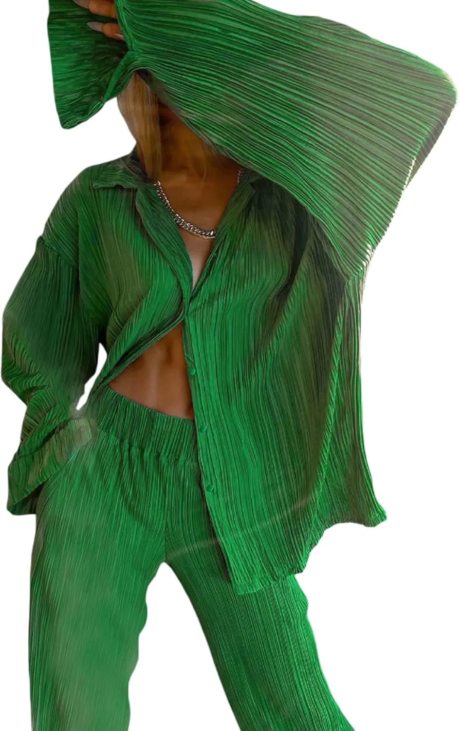 Women's 2 Piece Outfits Pleated Oversized Long Sleeve Button Down Shirts Elastic Waist Wide Leg Pant Clubwear Set