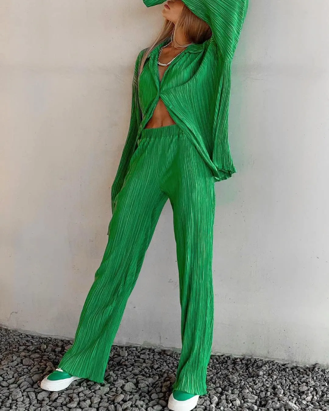 Women's 2 Piece Outfits Pleated Oversized Long Sleeve Button Down Shirts Elastic Waist Wide Leg Pant Clubwear Set