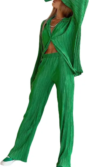 Women's 2 Piece Outfits Pleated Oversized Long Sleeve Button Down Shirts Elastic Waist Wide Leg Pant Clubwear Set