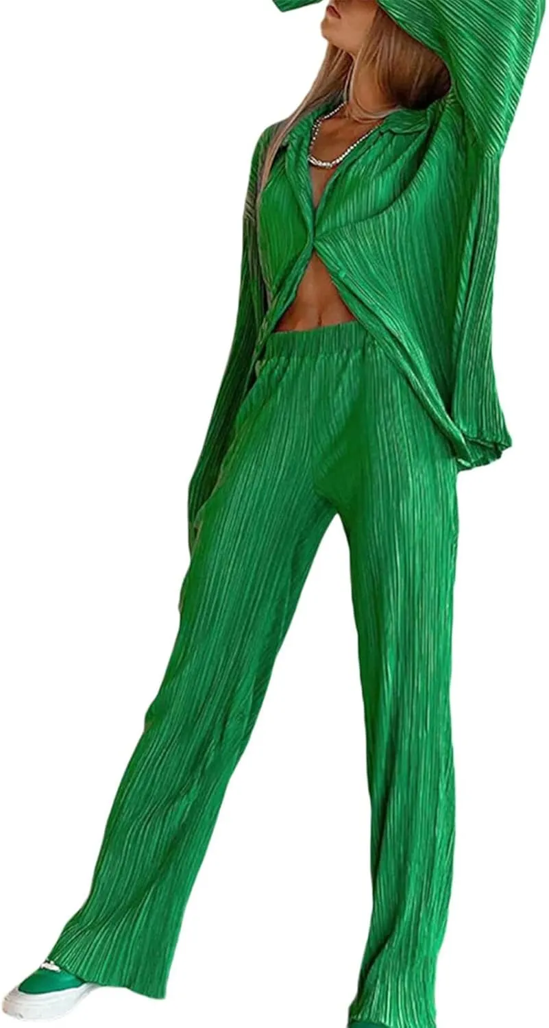 Women's 2 Piece Outfits Pleated Oversized Long Sleeve Button Down Shirts Elastic Waist Wide Leg Pant Clubwear Set