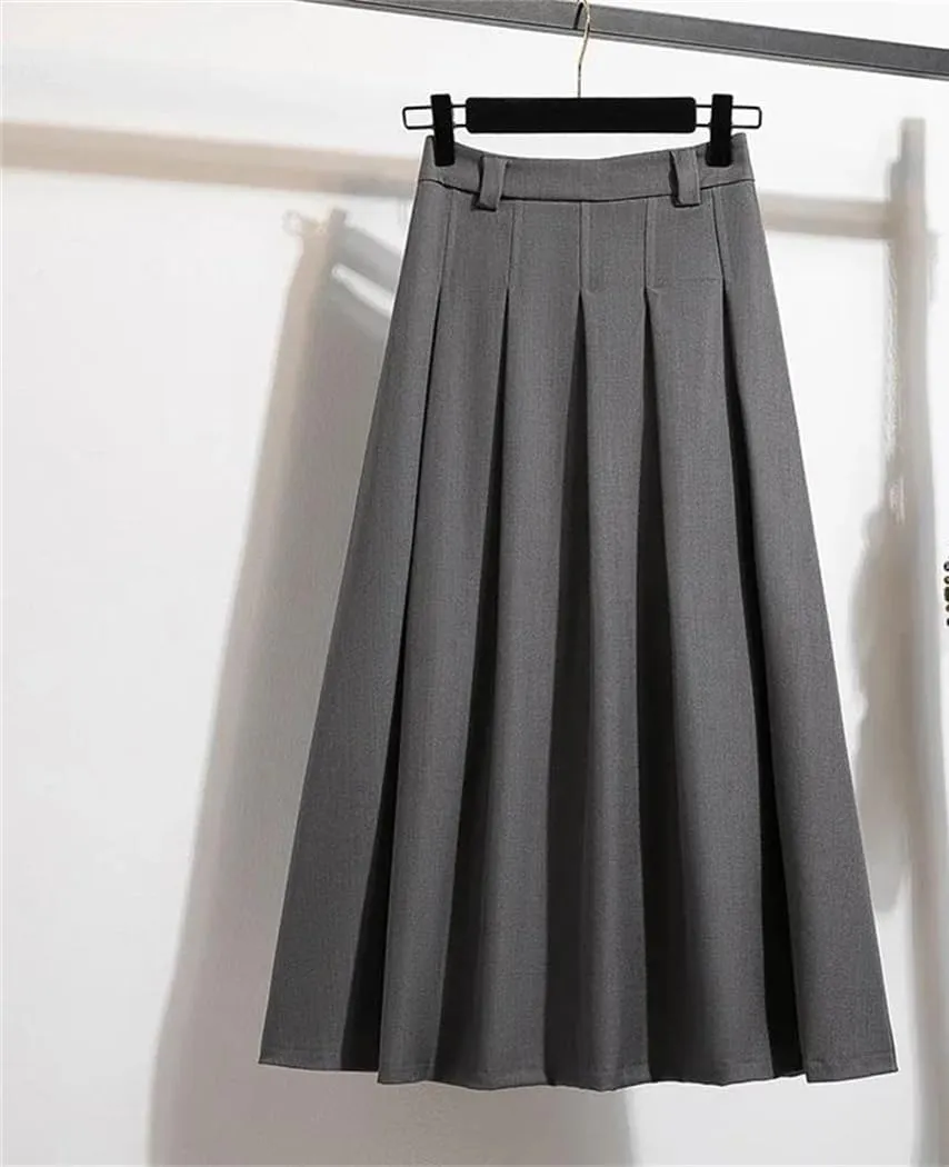 Womens Autumn Winter Casual High Waist Slim A-Line Long Pleated Skirts Office Lady Basics Skirt