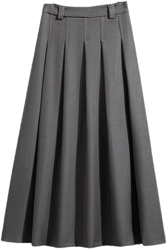 Womens Autumn Winter Casual High Waist Slim A-Line Long Pleated Skirts Office Lady Basics Skirt