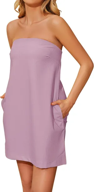 Womens Beach Tube Dress with Pockets Off The Shoulder Loose Fit Solid Casual Strapless Mini Dress