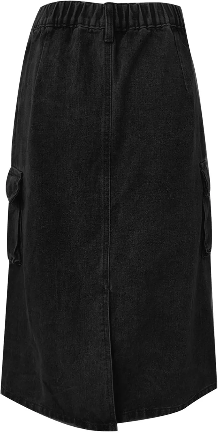 Womens Casual Denim Skirt Button High Waisted Split A-line Midi Skirt Bodycon Pencil Jean Skirt with 2 Flap Pockets