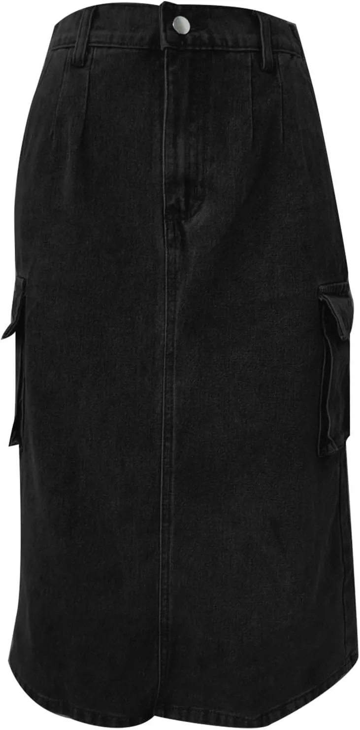 Womens Casual Denim Skirt Button High Waisted Split A-line Midi Skirt Bodycon Pencil Jean Skirt with 2 Flap Pockets