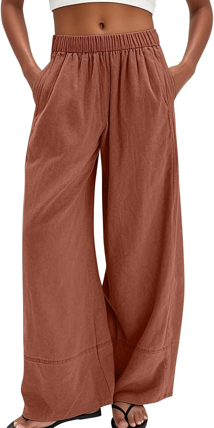 Women's Cotton Linen Palazzo Pants Summer Baggy Casual Wide Leg Pants High Waisted Flowy Lounge Trousers with Pockets