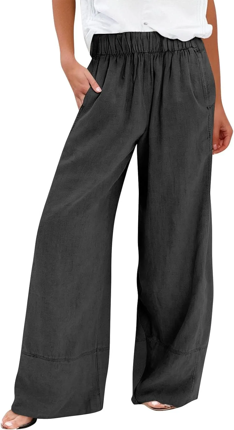 Women's Cotton Linen Palazzo Pants Summer Baggy Casual Wide Leg Pants High Waisted Flowy Lounge Trousers with Pockets