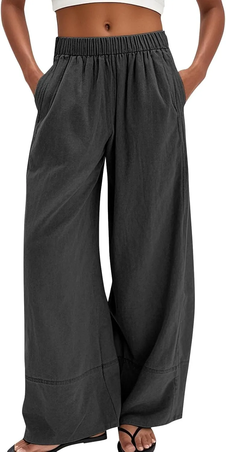 Women's Cotton Linen Palazzo Pants Summer Baggy Casual Wide Leg Pants High Waisted Flowy Lounge Trousers with Pockets