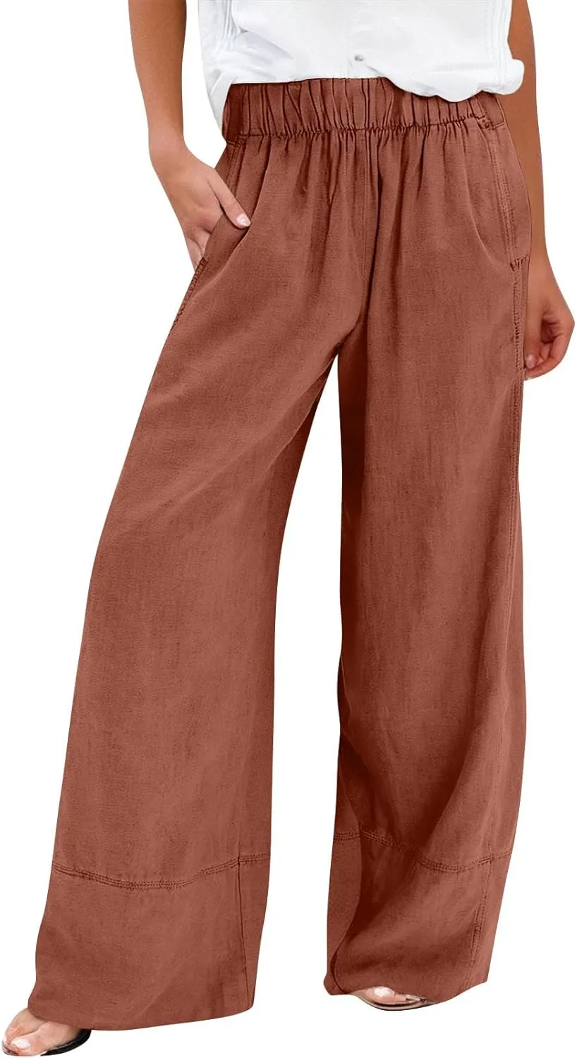 Women's Cotton Linen Palazzo Pants Summer Baggy Casual Wide Leg Pants High Waisted Flowy Lounge Trousers with Pockets