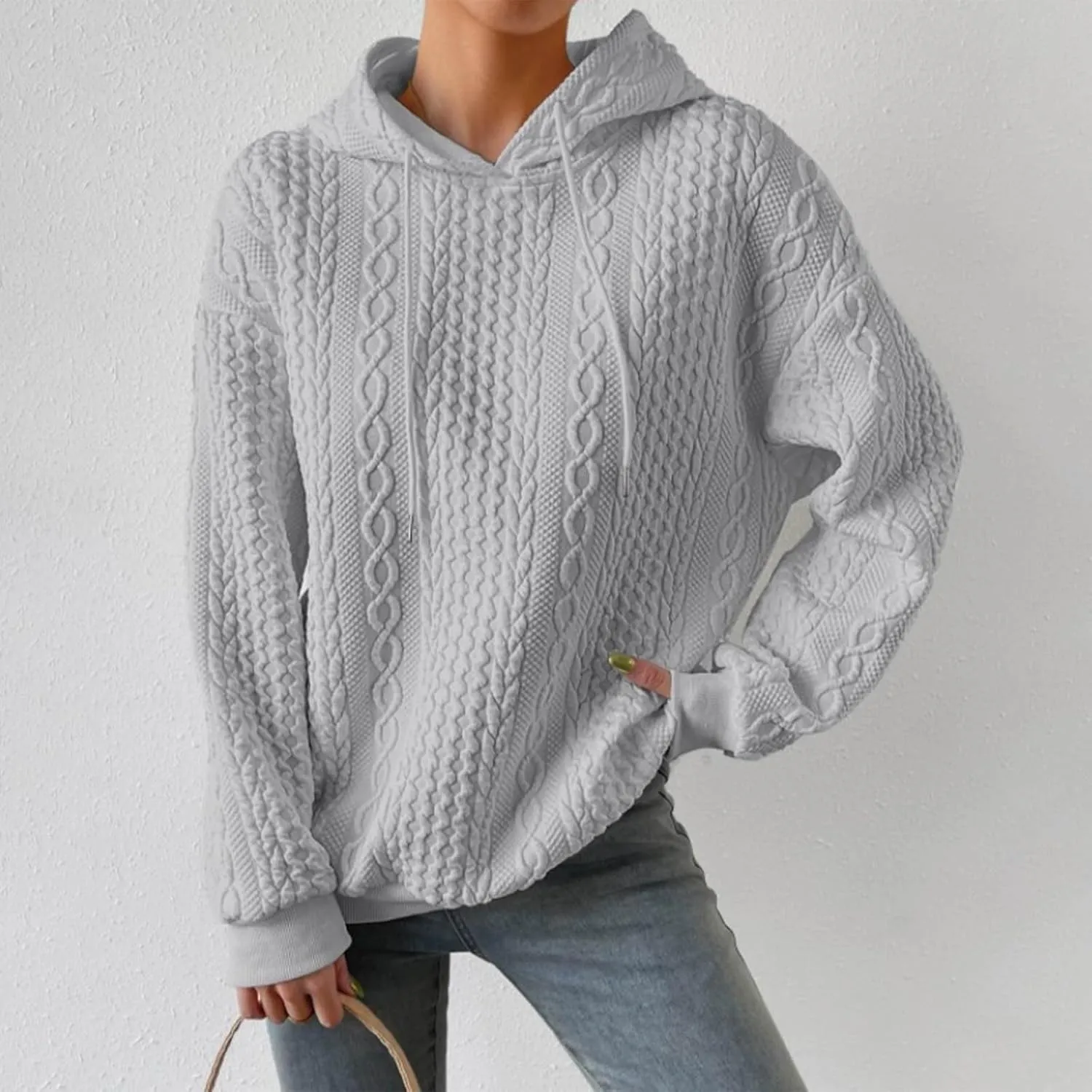 Womens Essentials Hoodie Oversized Cable Knit Hoodies Casual Long Sleeve Drawstring Pullover Sweater Fall Outfits 2024