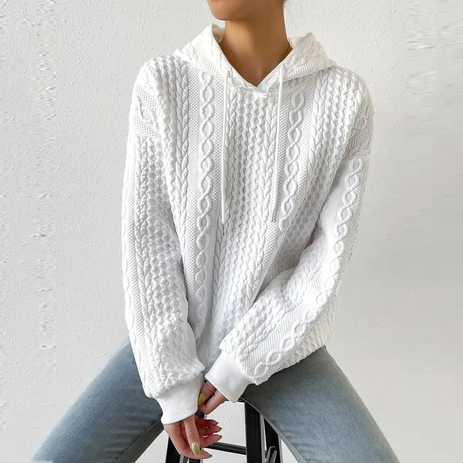 Womens Essentials Hoodie Oversized Cable Knit Hoodies Casual Long Sleeve Drawstring Pullover Sweater Fall Outfits 2024