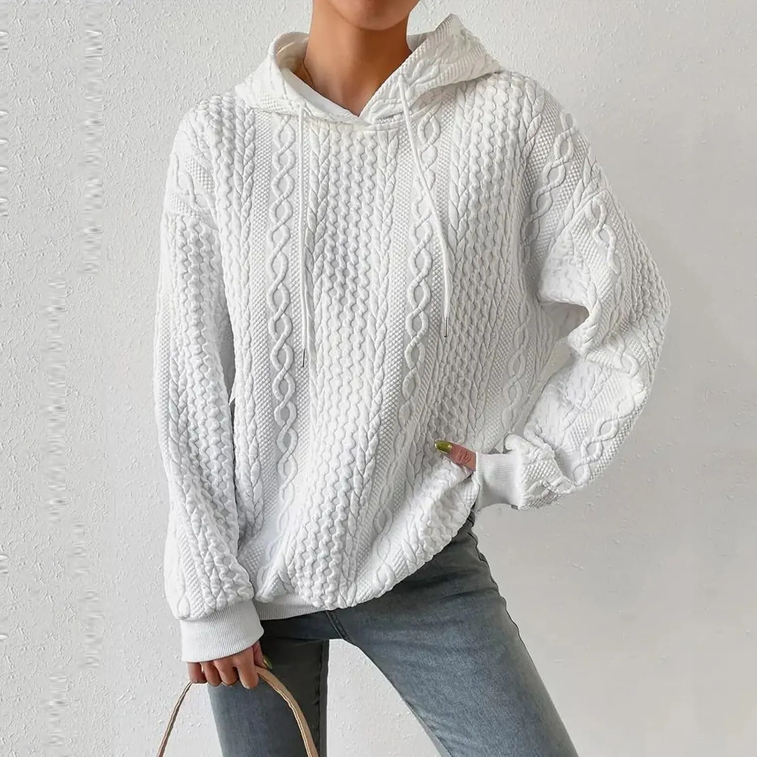 Womens Essentials Hoodie Oversized Cable Knit Hoodies Casual Long Sleeve Drawstring Pullover Sweater Fall Outfits 2024