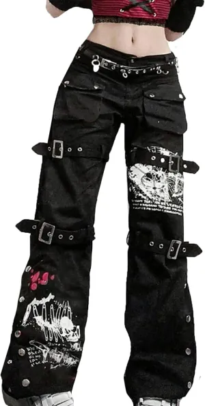 Women's Gothic High Waist Print Cargo Pants Casual Loose Punk Buckle Denim Pants Trousers Streetwear