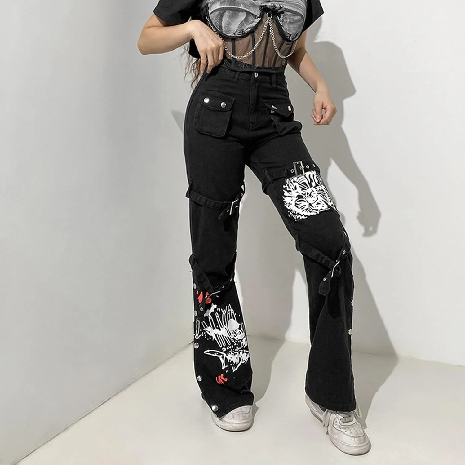 Women's Gothic High Waist Print Cargo Pants Casual Loose Punk Buckle Denim Pants Trousers Streetwear