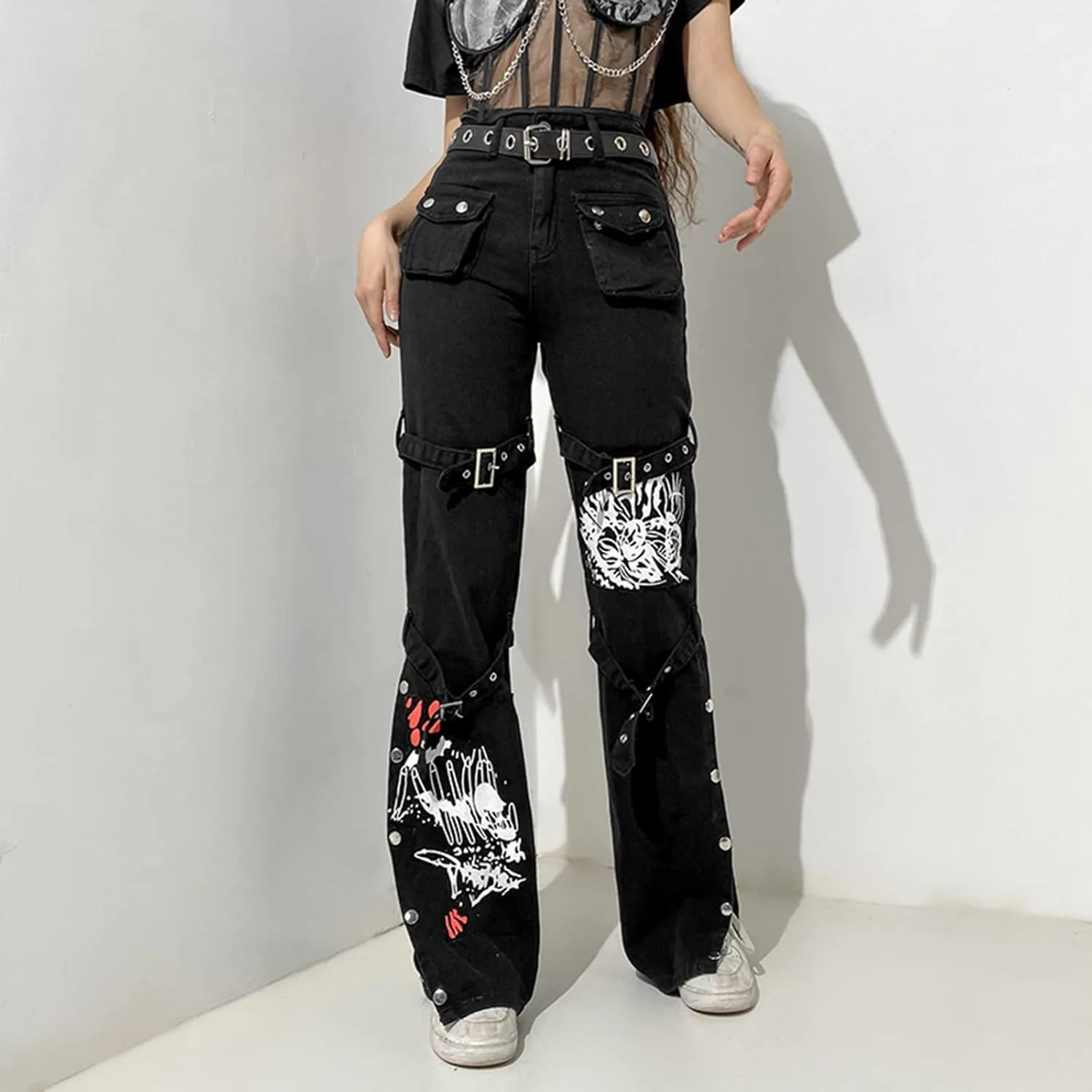 Women's Gothic High Waist Print Cargo Pants Casual Loose Punk Buckle Denim Pants Trousers Streetwear