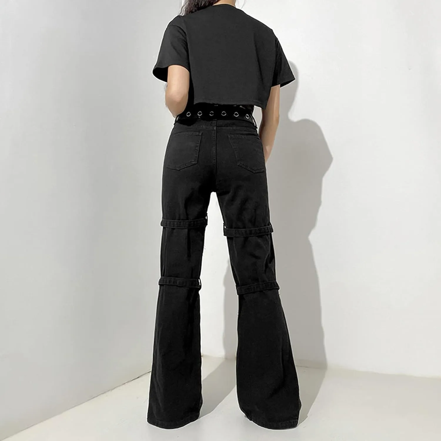 Women's Gothic High Waist Print Cargo Pants Casual Loose Punk Buckle Denim Pants Trousers Streetwear