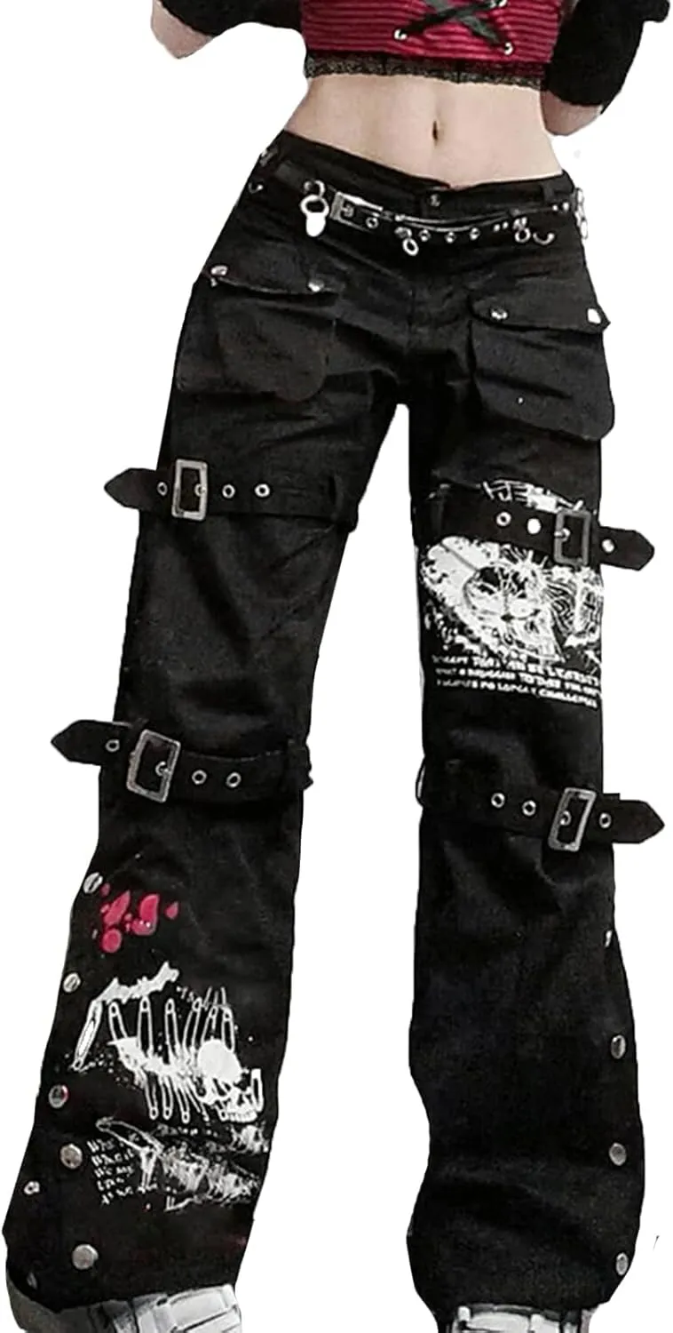 Women's Gothic High Waist Print Cargo Pants Casual Loose Punk Buckle Denim Pants Trousers Streetwear