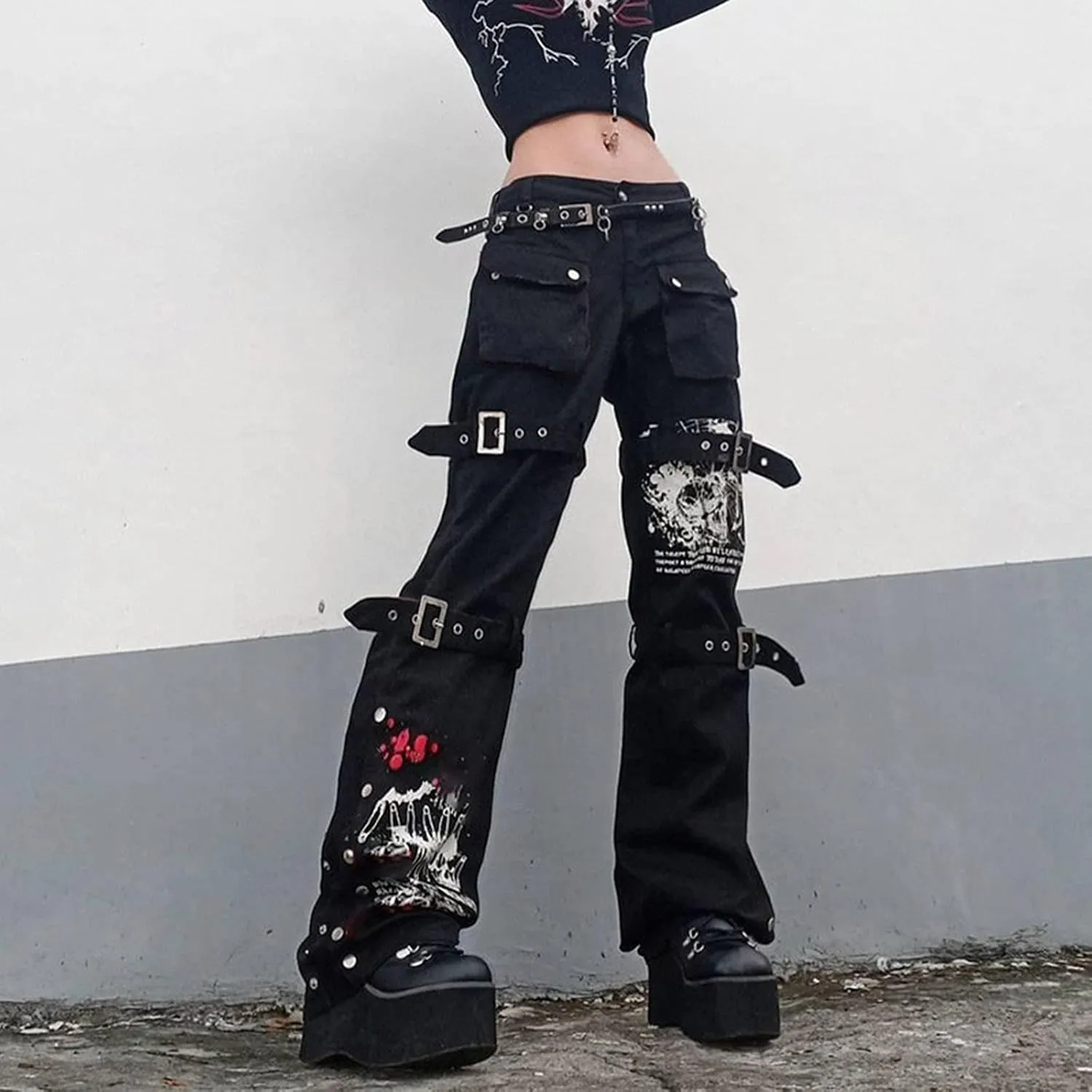 Women's Gothic High Waist Print Cargo Pants Casual Loose Punk Buckle Denim Pants Trousers Streetwear