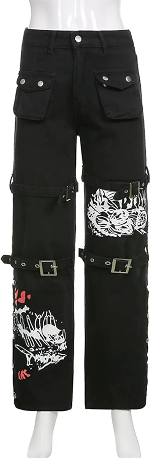 Women's Gothic High Waist Print Cargo Pants Casual Loose Punk Buckle Denim Pants Trousers Streetwear