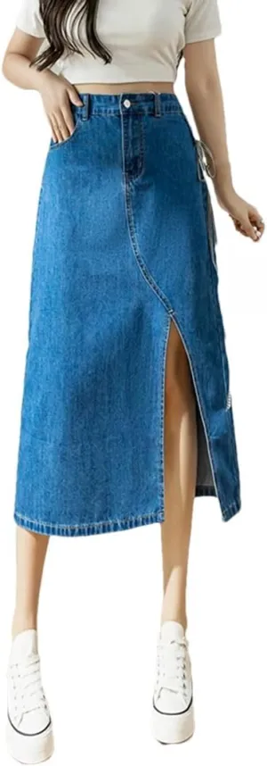 Women's High-Waisted Retro Style Side Lace-Up Denim Skirt Straight Front Split Jeans Skirts