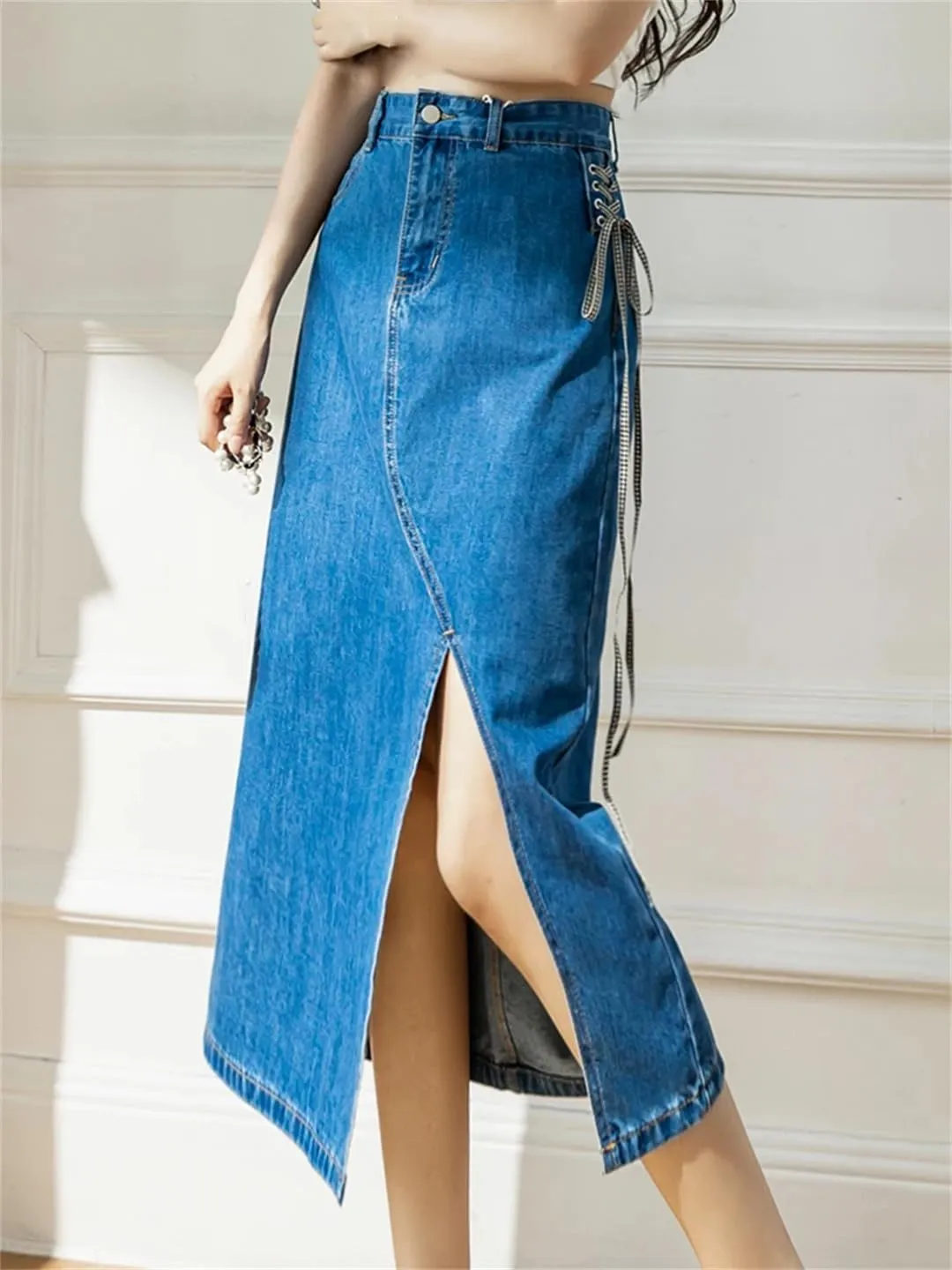 Women's High-Waisted Retro Style Side Lace-Up Denim Skirt Straight Front Split Jeans Skirts
