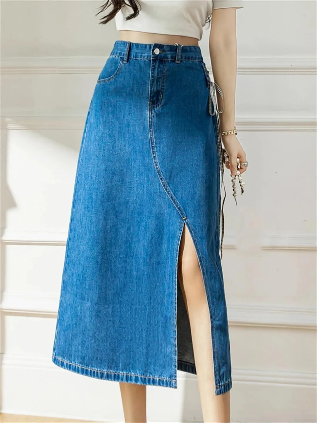 Women's High-Waisted Retro Style Side Lace-Up Denim Skirt Straight Front Split Jeans Skirts