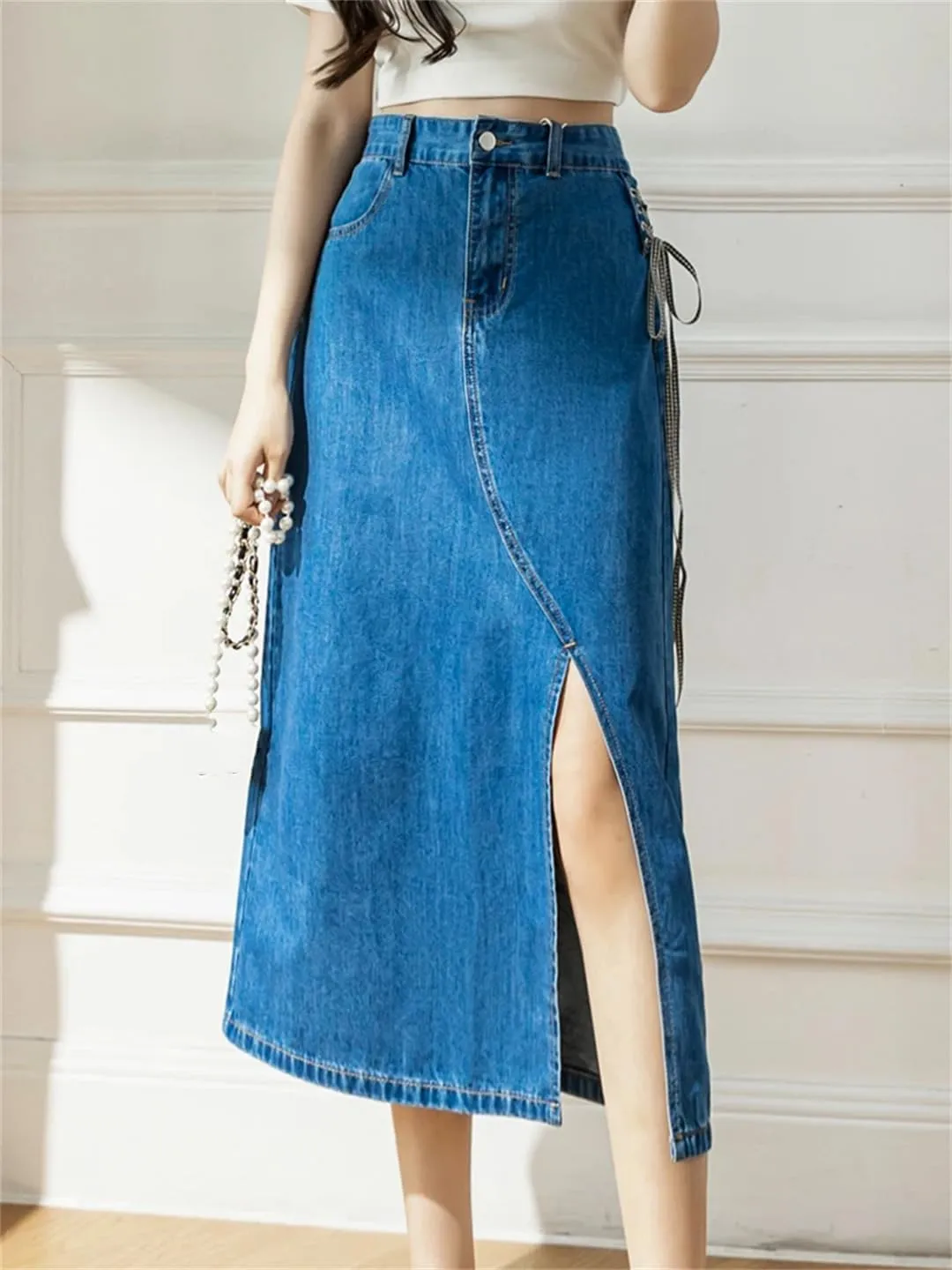 Women's High-Waisted Retro Style Side Lace-Up Denim Skirt Straight Front Split Jeans Skirts