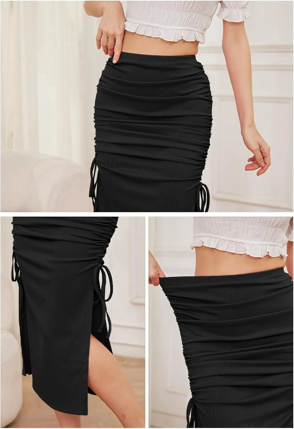 Womens Midi Ruched Skirt Bodycon Drawstring Solid Stretchy High Elastic Waisted Long Skirts for Women with Slit